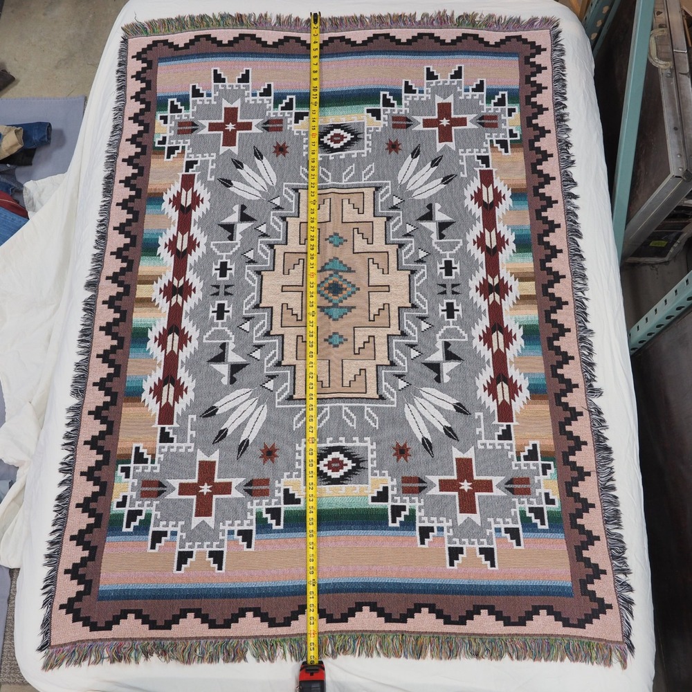 Vintage Southwestern Geometric Aztec Tapestry Tribal Blanket Throw Woven USA - Picture 5 of 12